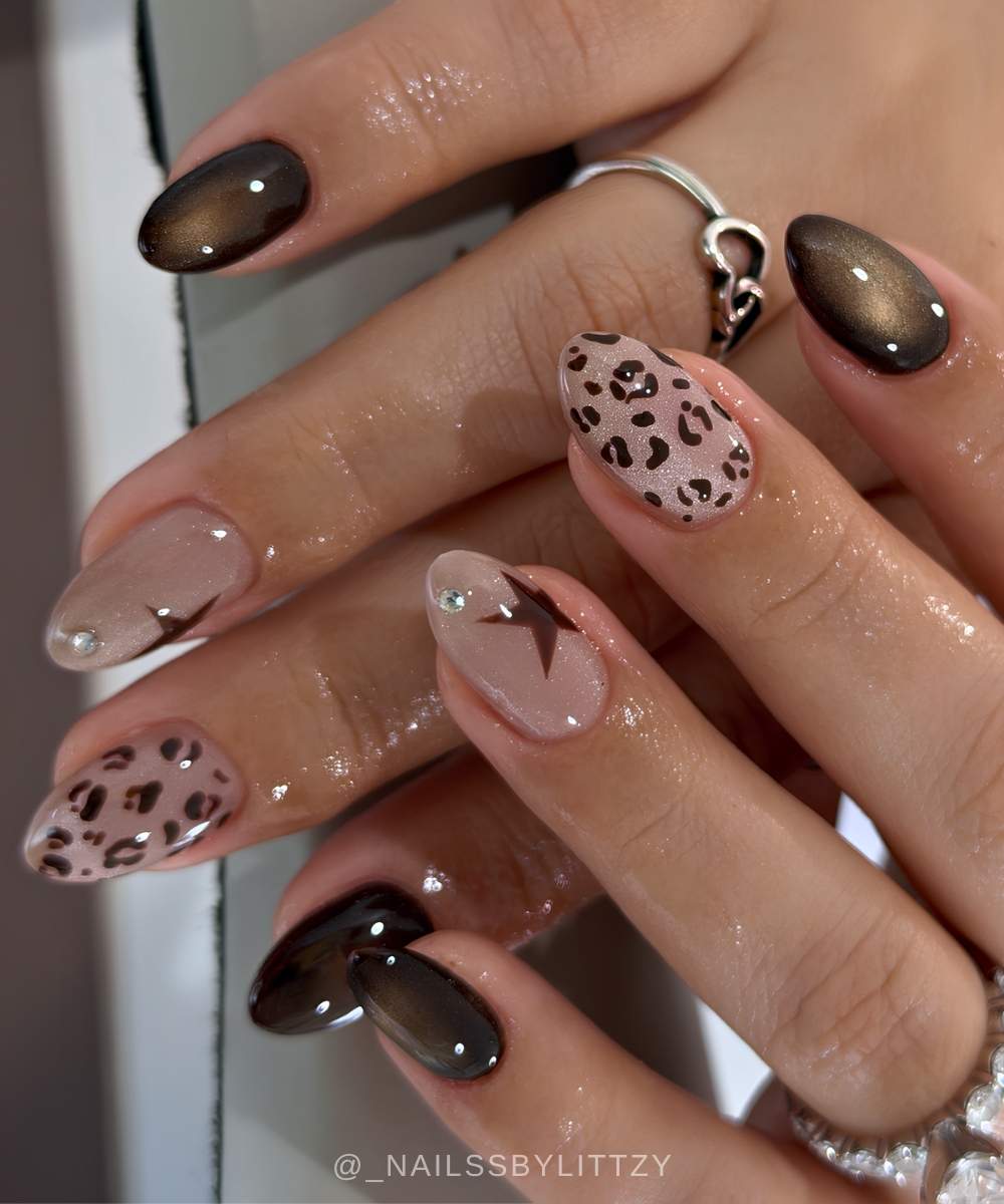 Brown and beige cat eye nails with stars and leopard print