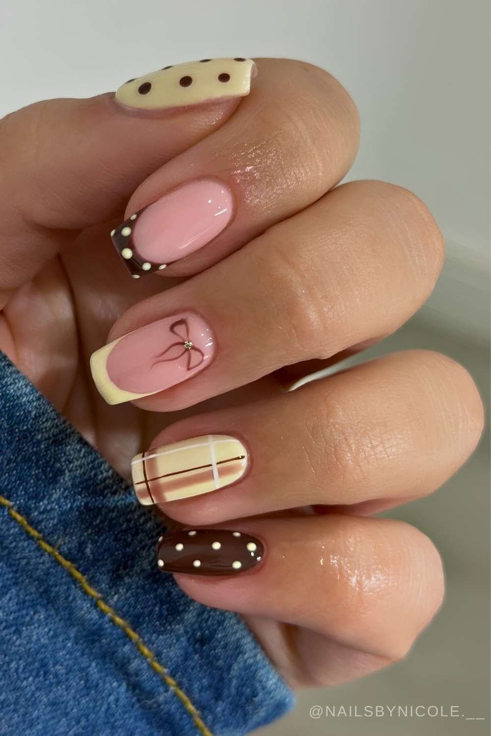 Brown and butter yellow nails with plaid and dots