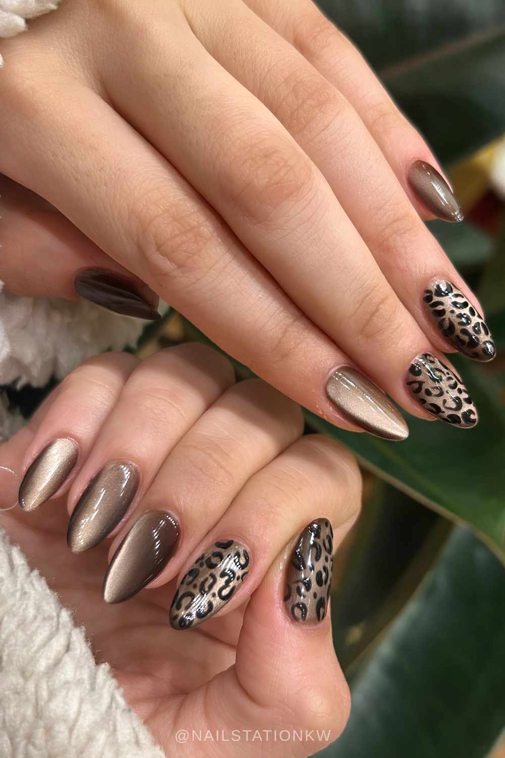 Brown cat eye mani with cheetah print
