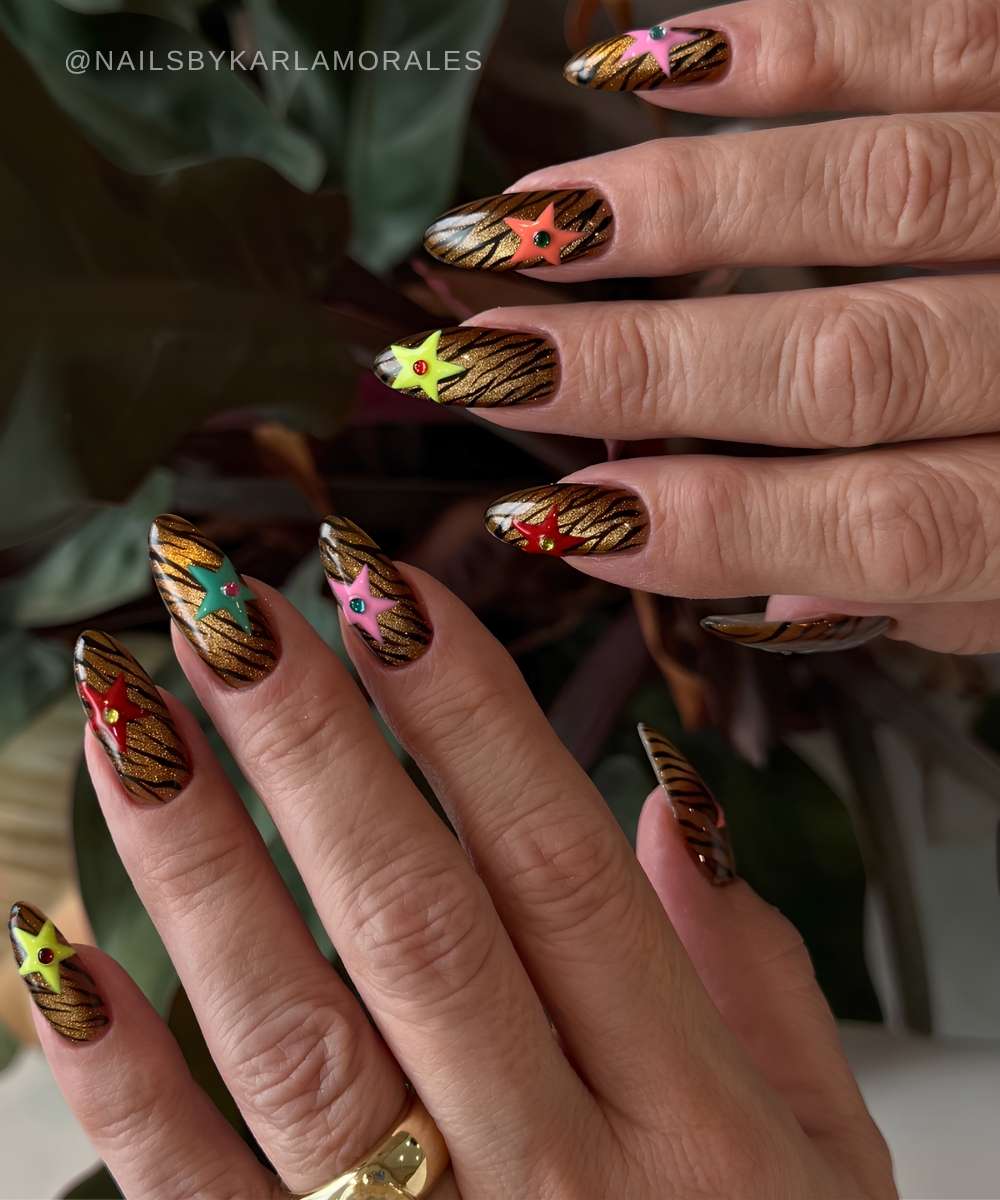 Brown cat eye nails with tiger print and colorful stars