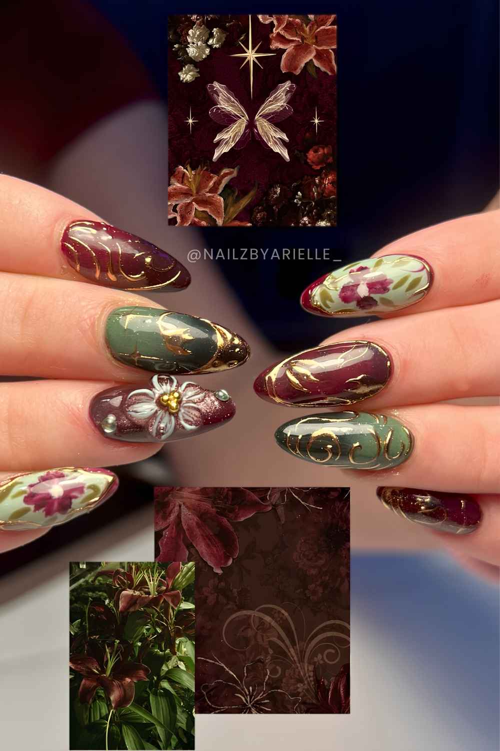 Burgundy and forest green nails with flowers and gold details