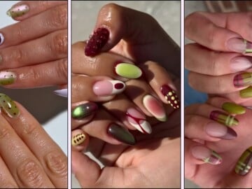 Burgundy and green nail designs
