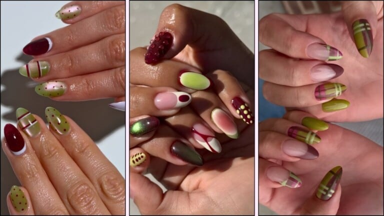 Burgundy and green nail designs