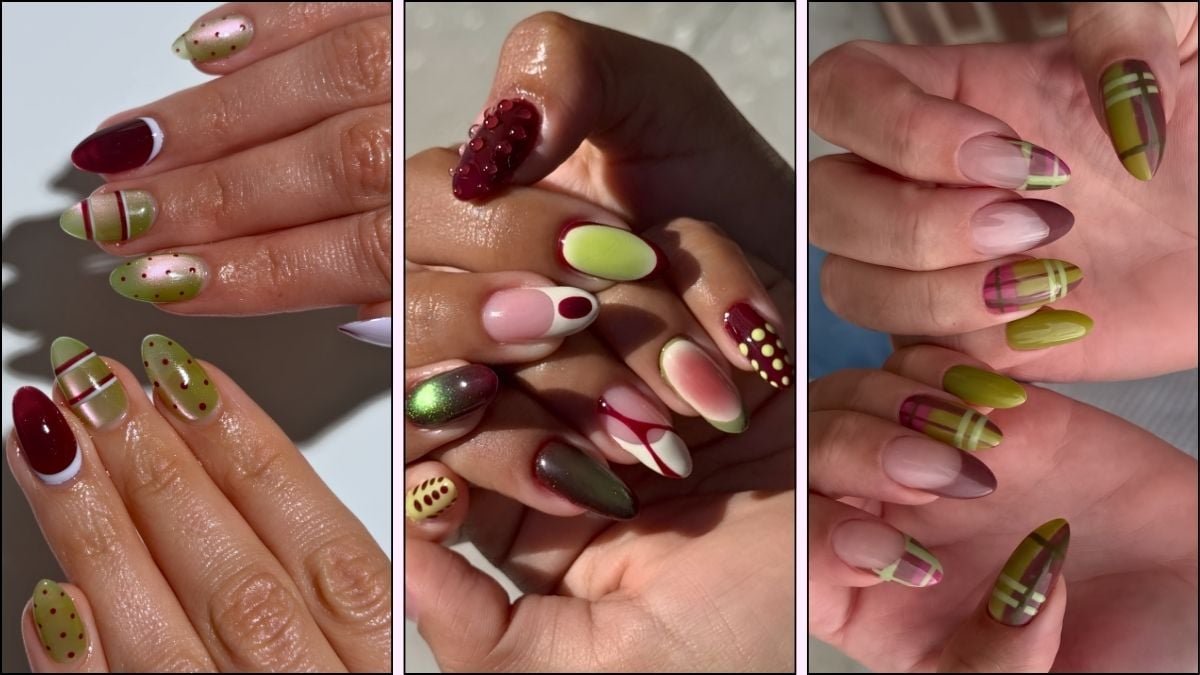 Burgundy and green nail designs