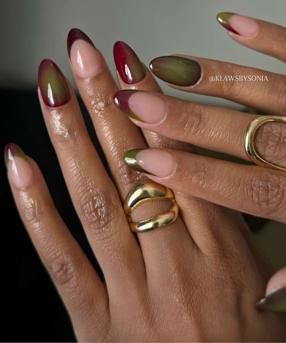 Burgundy and olive green aura nails