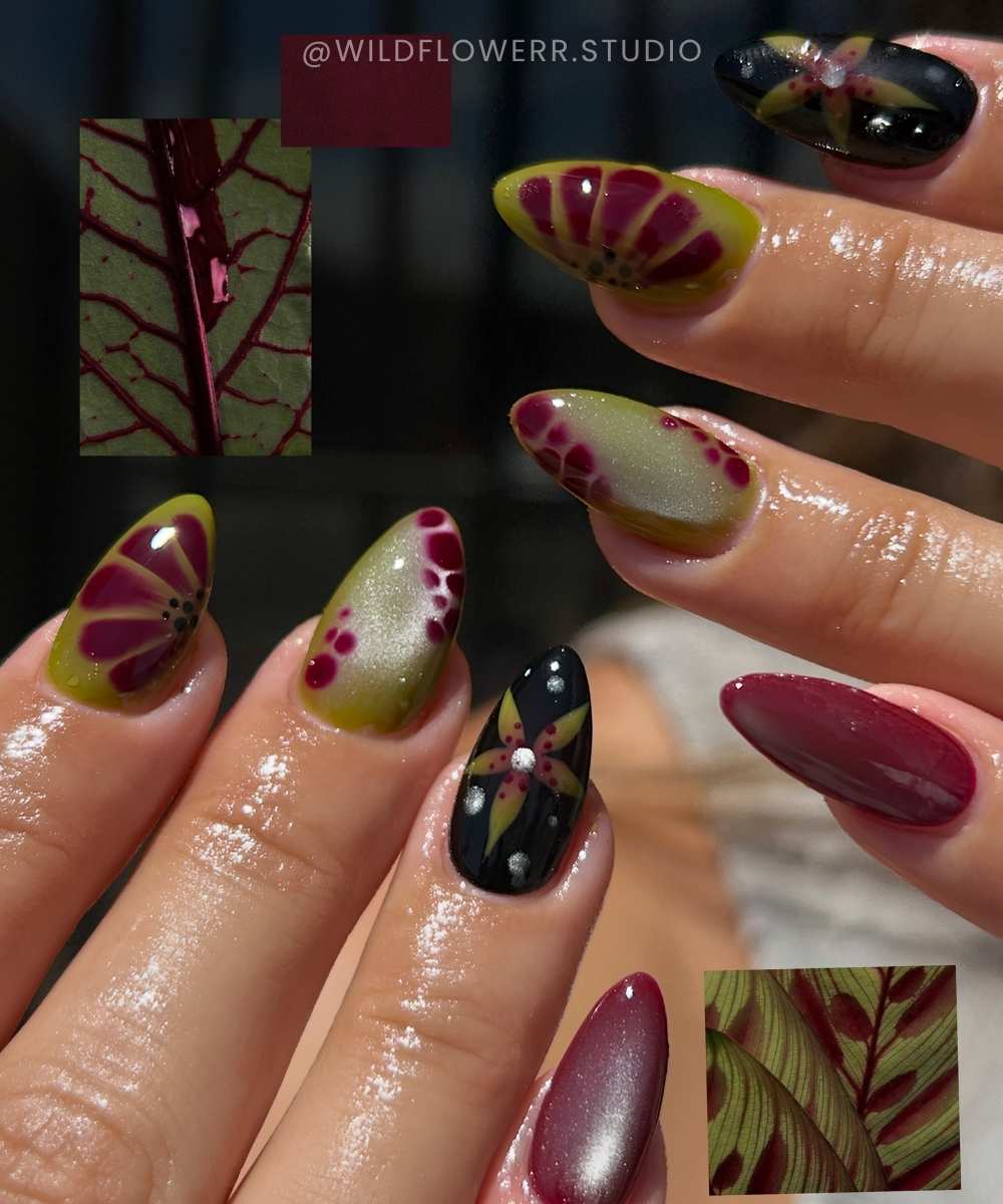 Burgundy and olive green cat eye mani with flowers