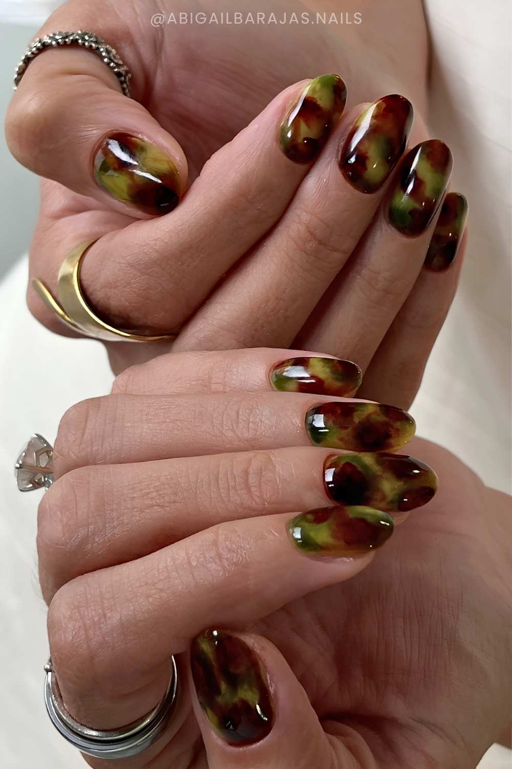 Burgundy and olive green marble nails