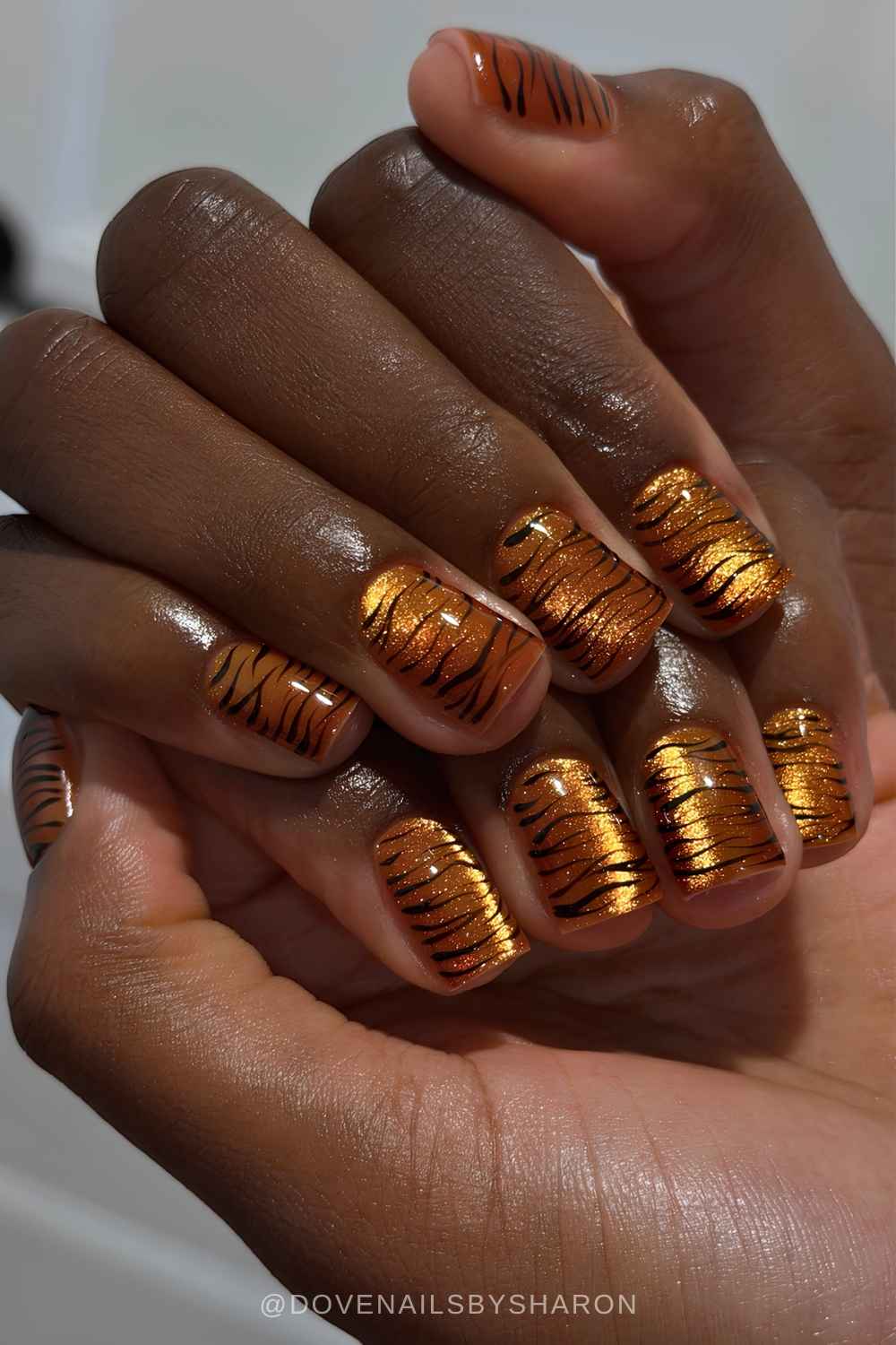 Burnt orange cat eye nails with tiger print