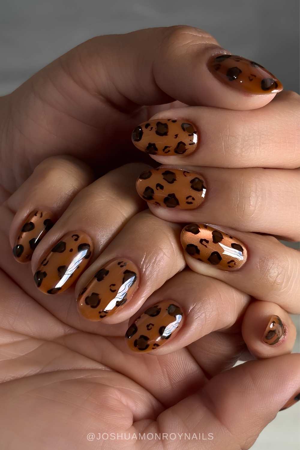 Caramel brown cat eye nails with leopard print