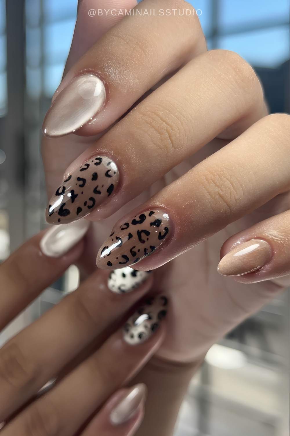 Champagne cat eye nails with accent leopard spots