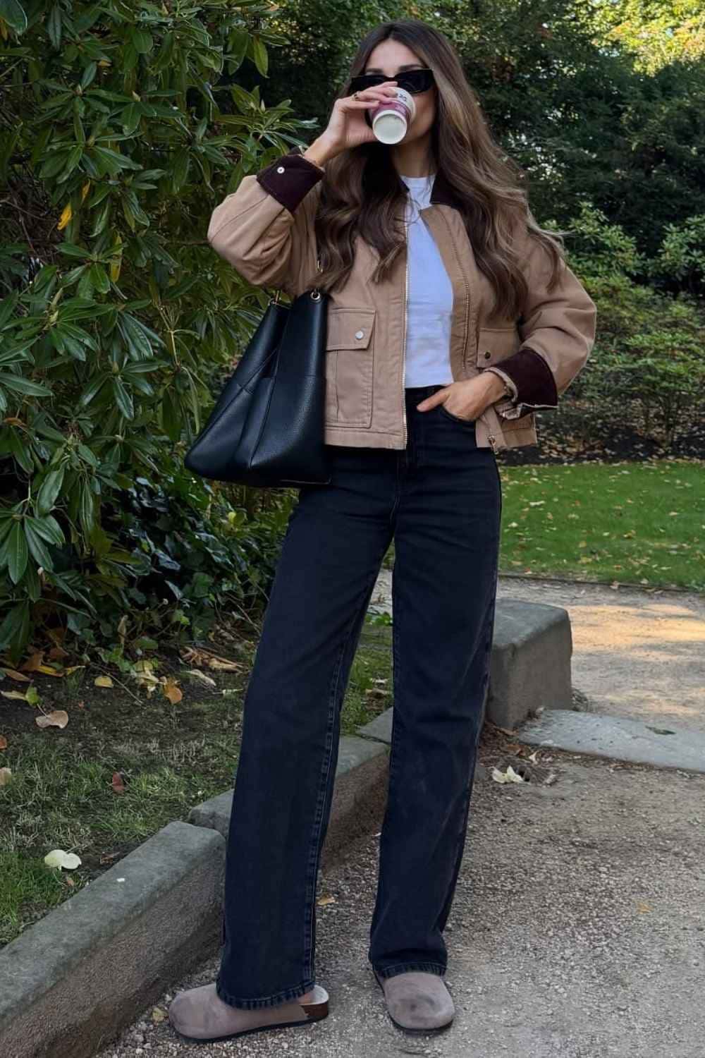 Cropped barn jacket with black wide leg jeans