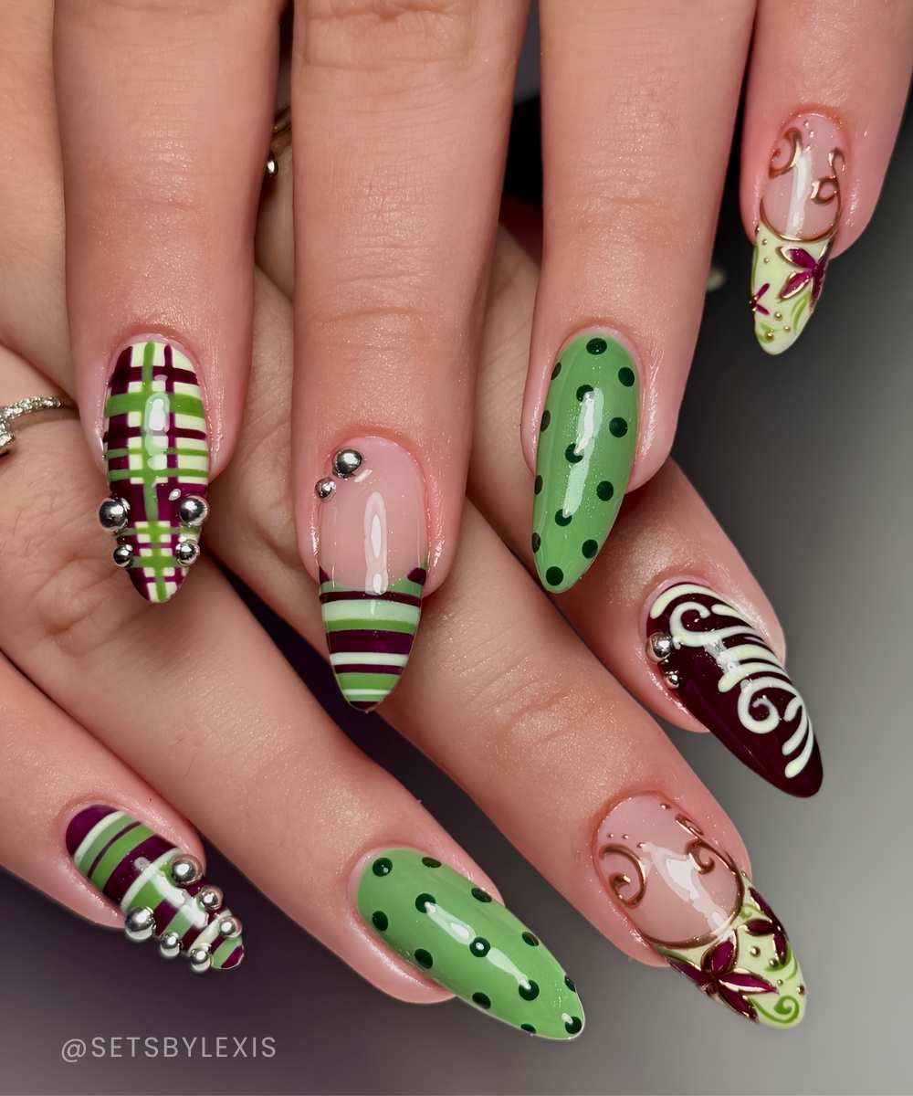 Dark red and bright green mismatched nails