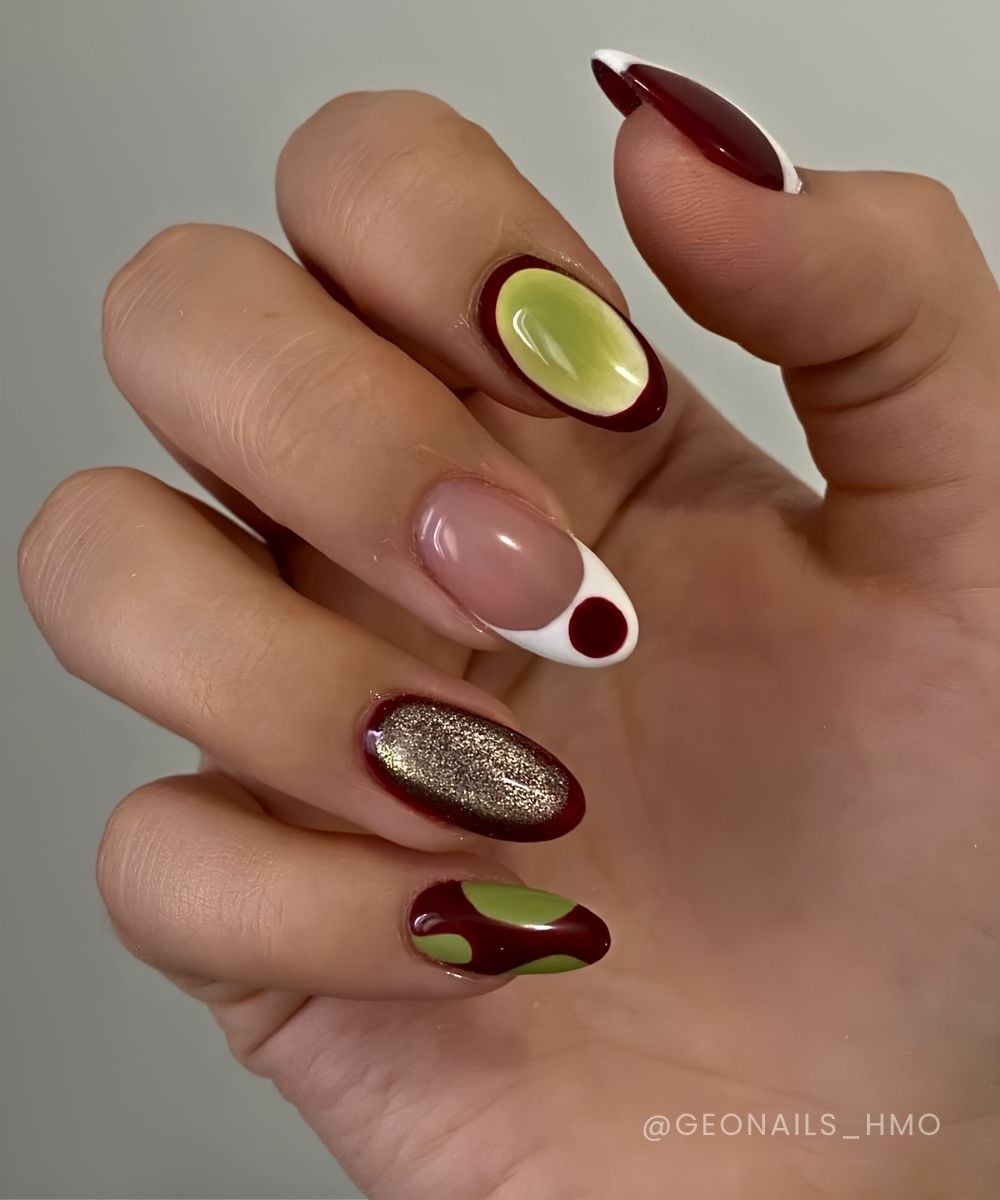 Deep burgundy and green mix and match mani