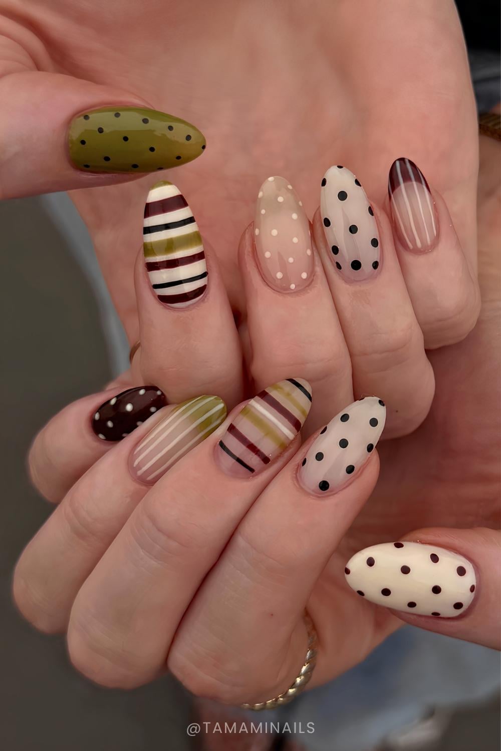 Mixed pattern nails in earthy colors
