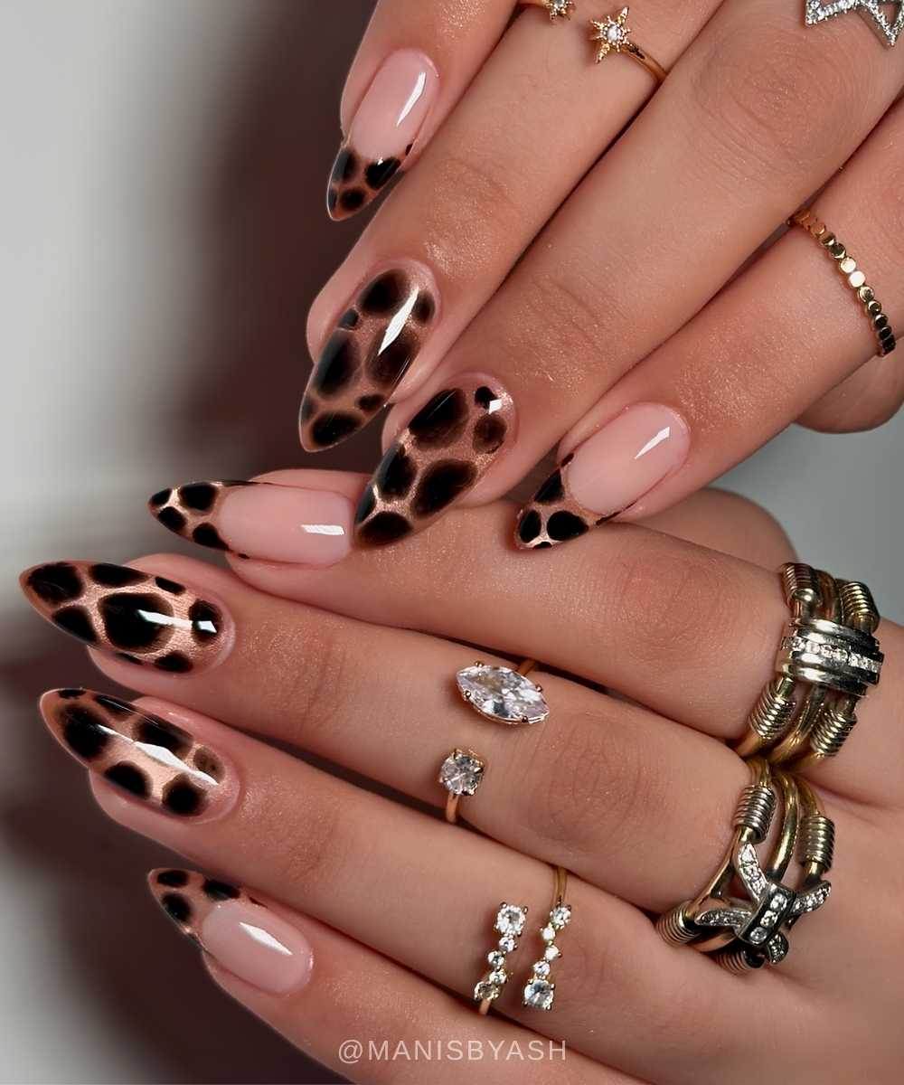 Neutral cat eye nails with brown tortie pattern
