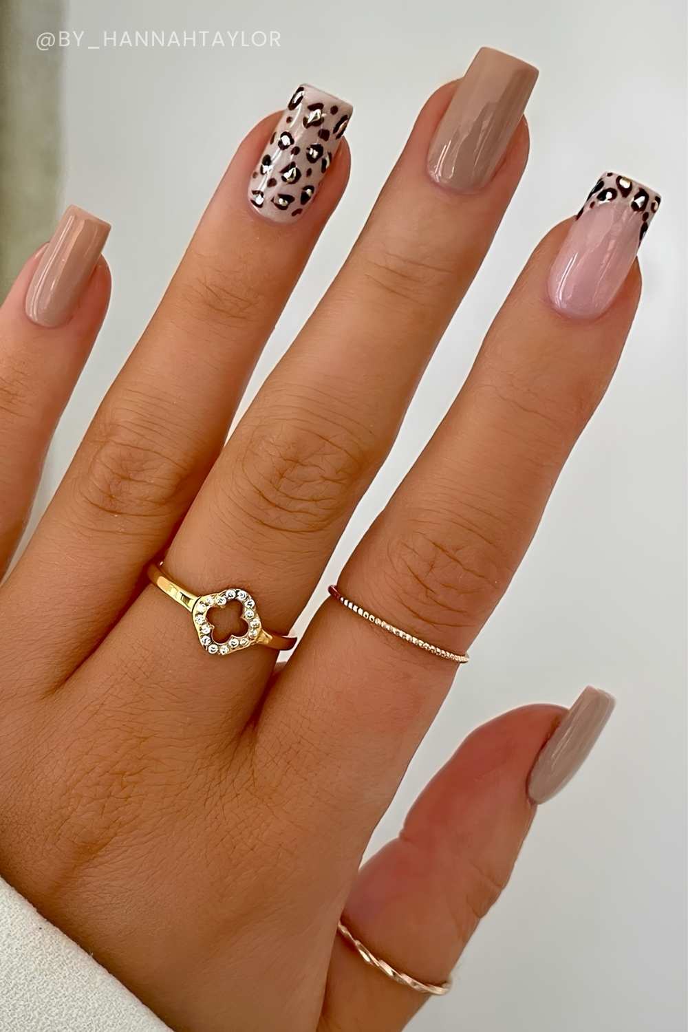 Neutral square nails with leopard print