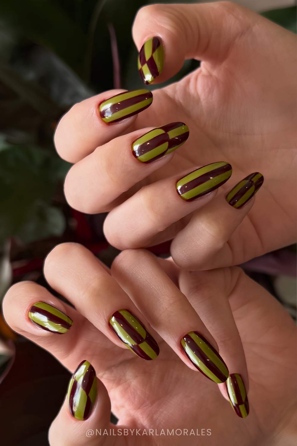 Olive and burgundy striped nails