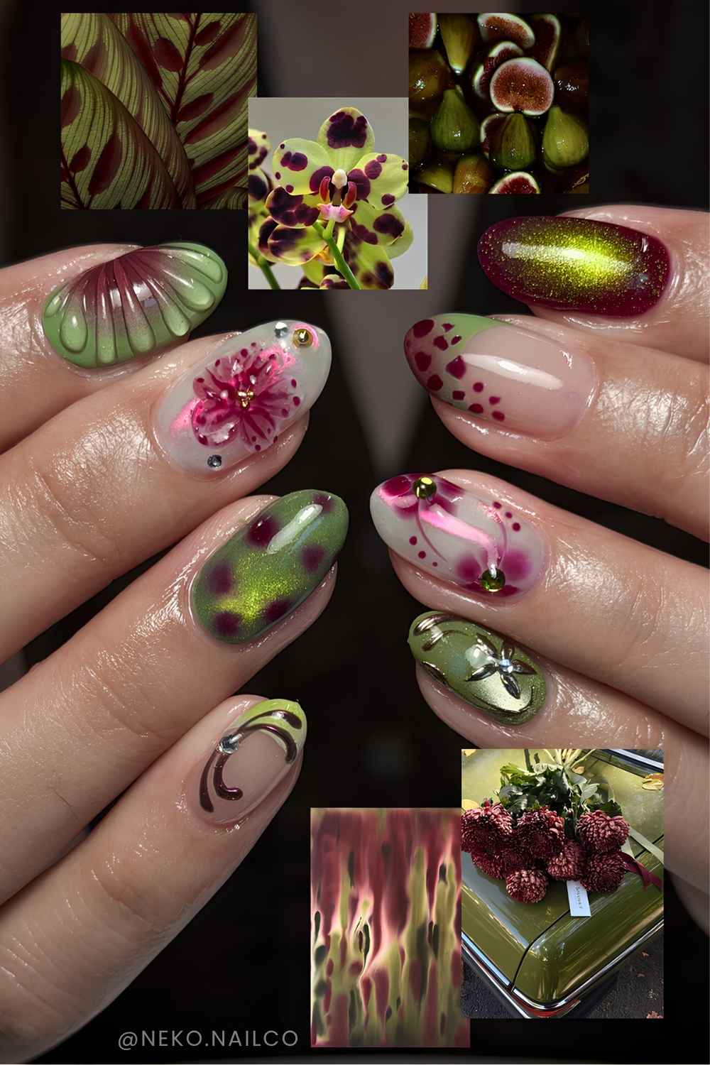 Olive and deep red cat eye floral mani
