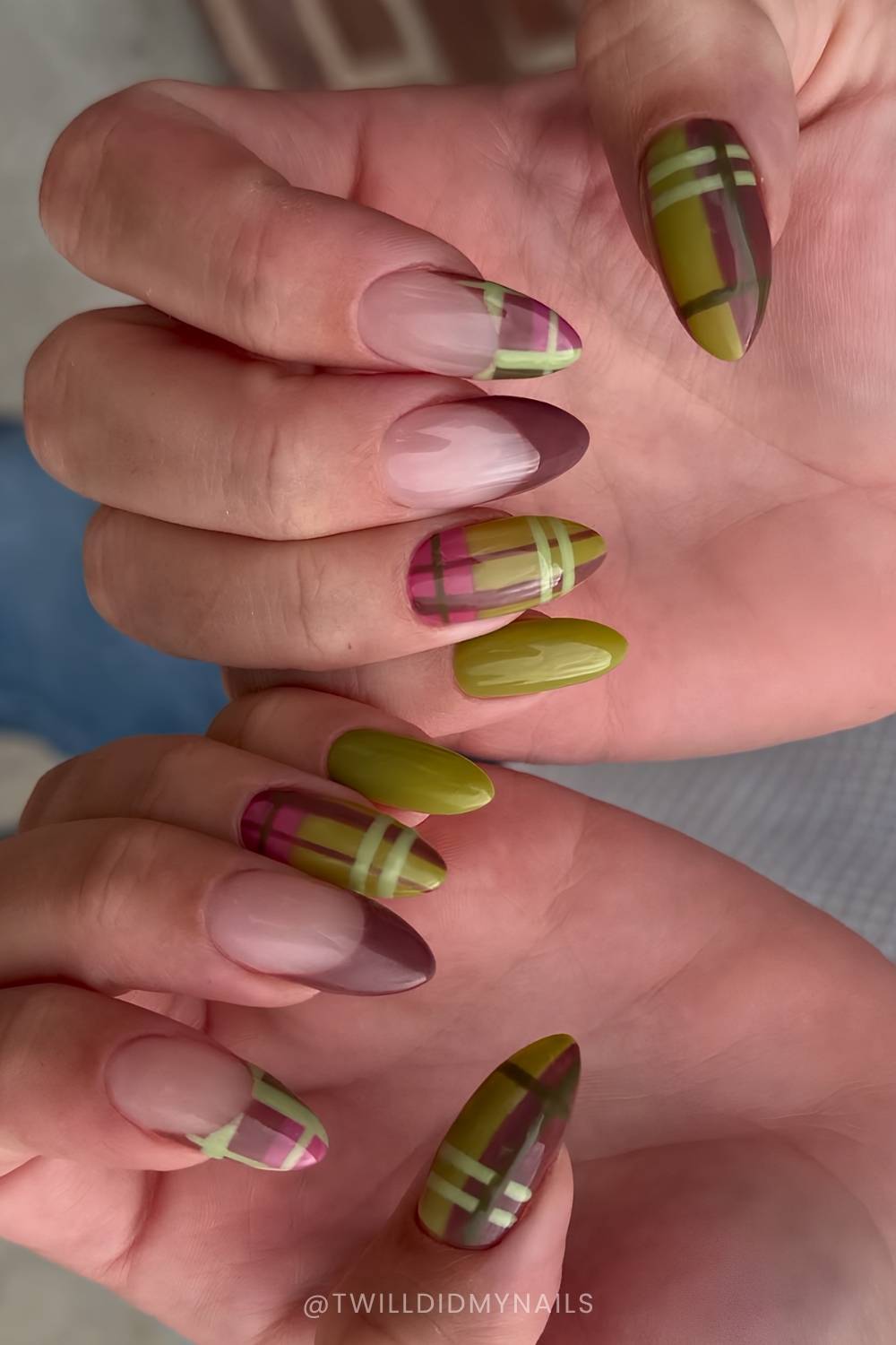 Olive green and burgundy plaid nails