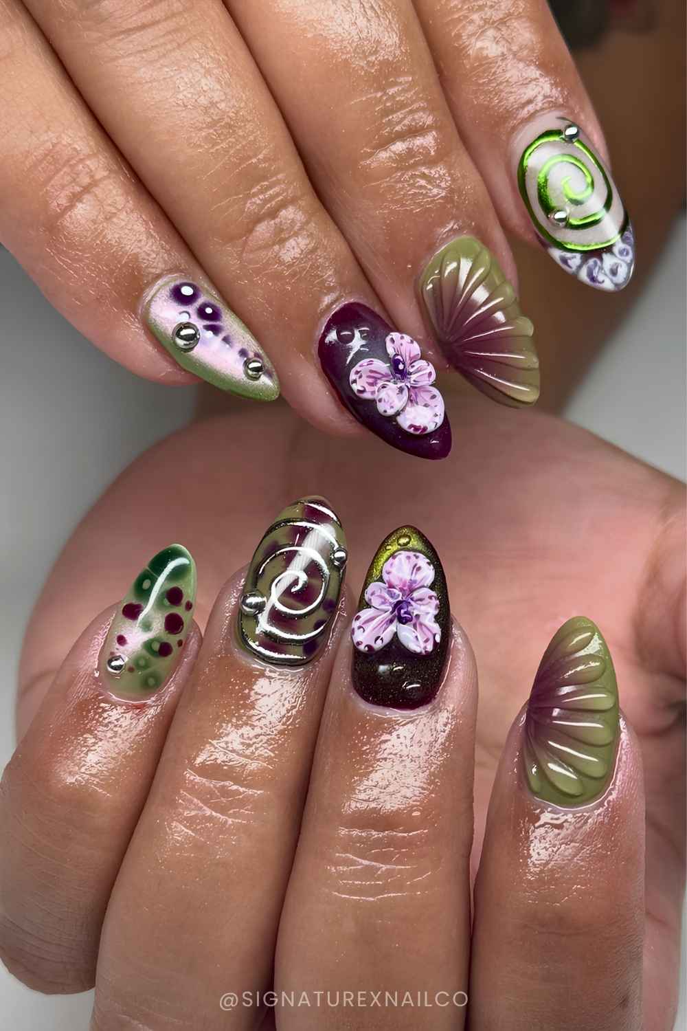 Olive green and plum nails with 3d flowers