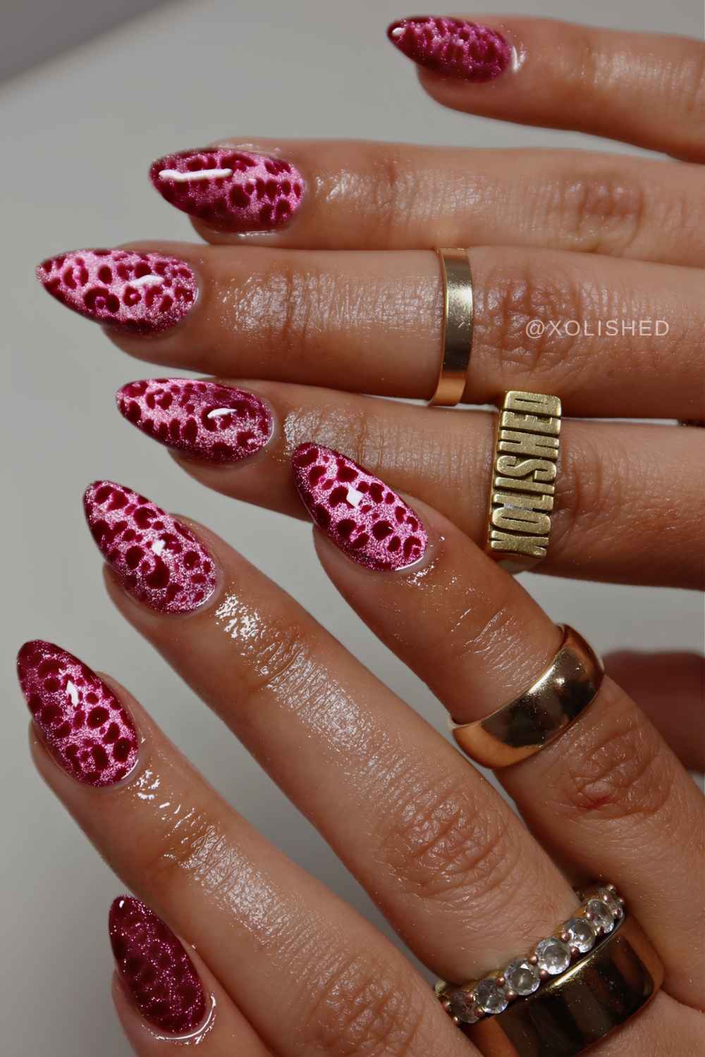 Pink velvet nails with cheetah print