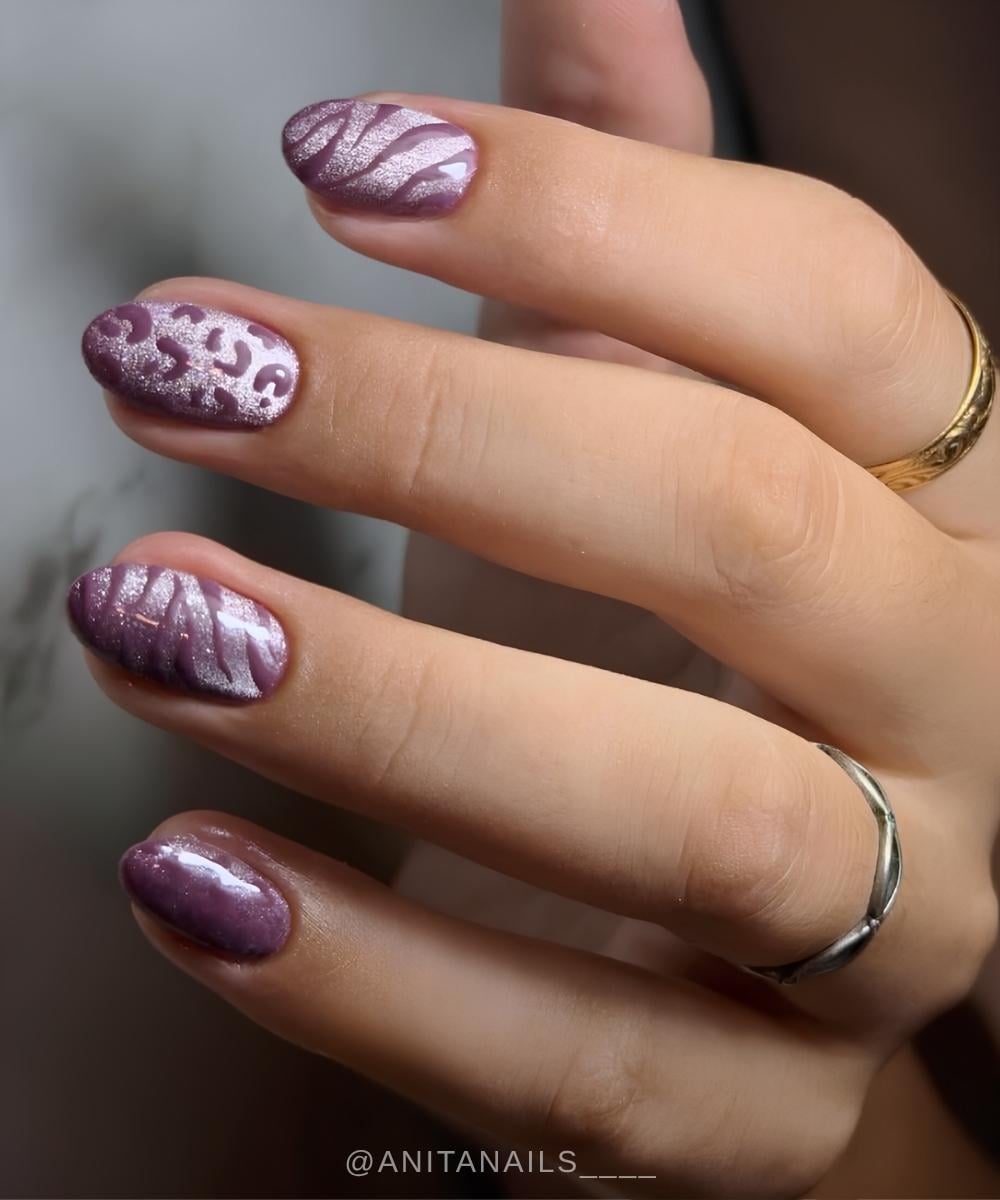 Purple magnetic mani with mixed animal print
