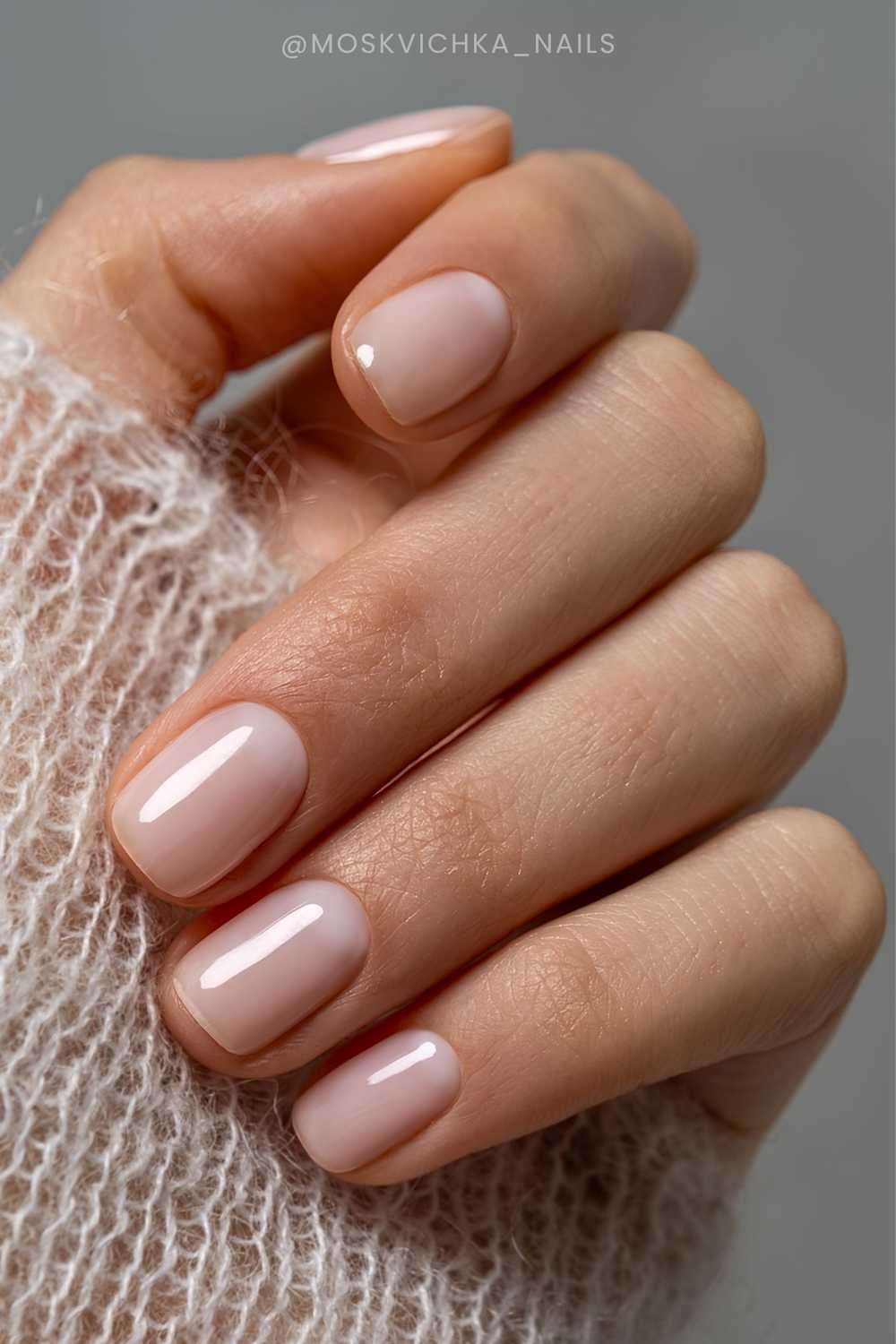 Short nude mani with half moon accents