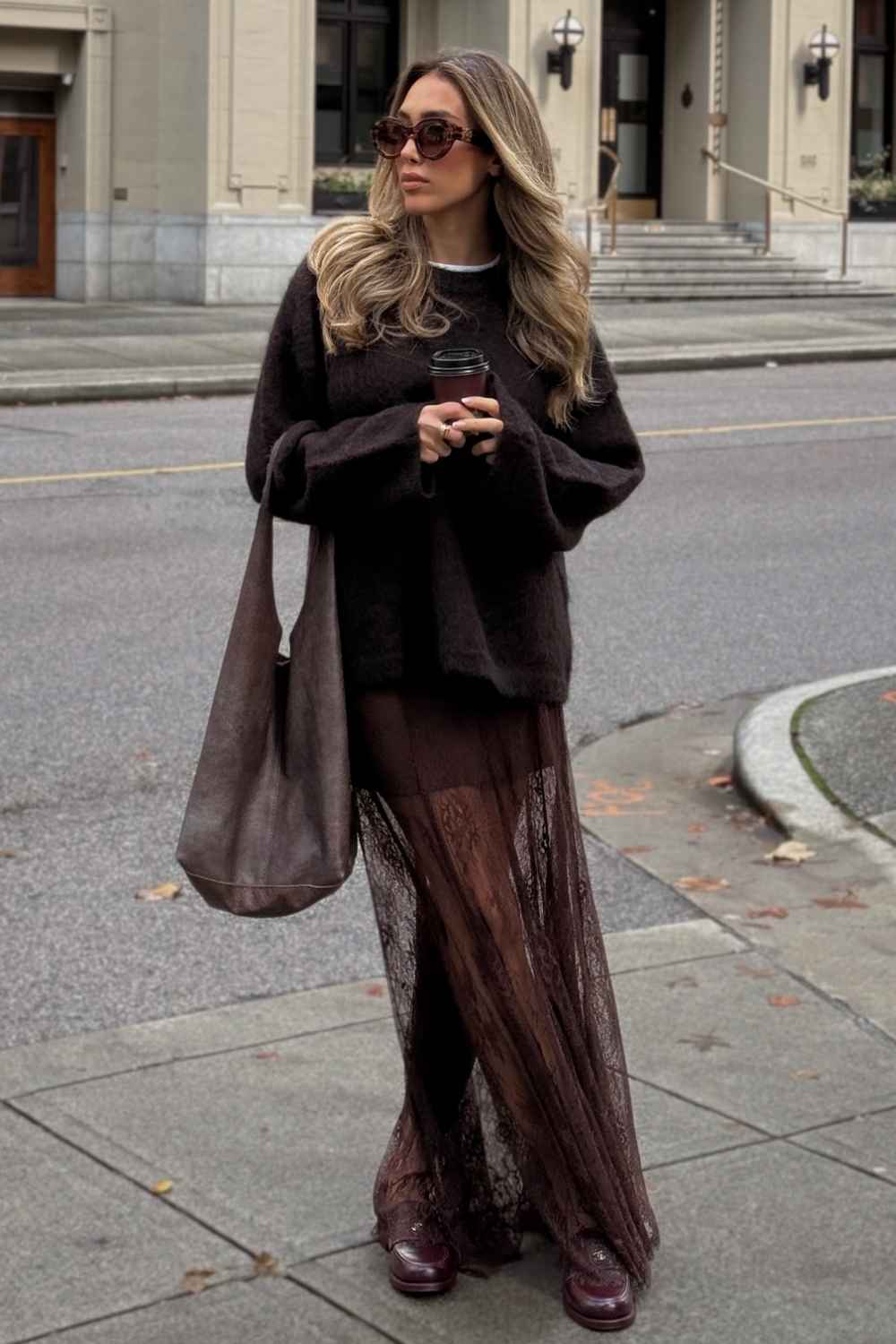 brown lace maxi skirt with oversized knit