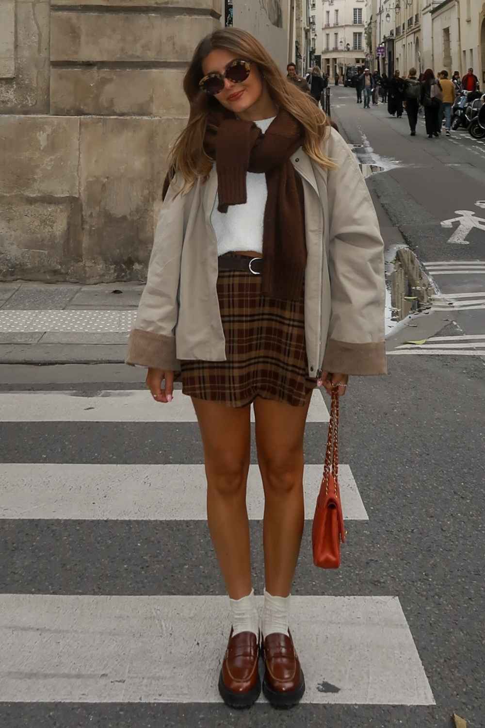 brown plaid mini skirt with barn jacket