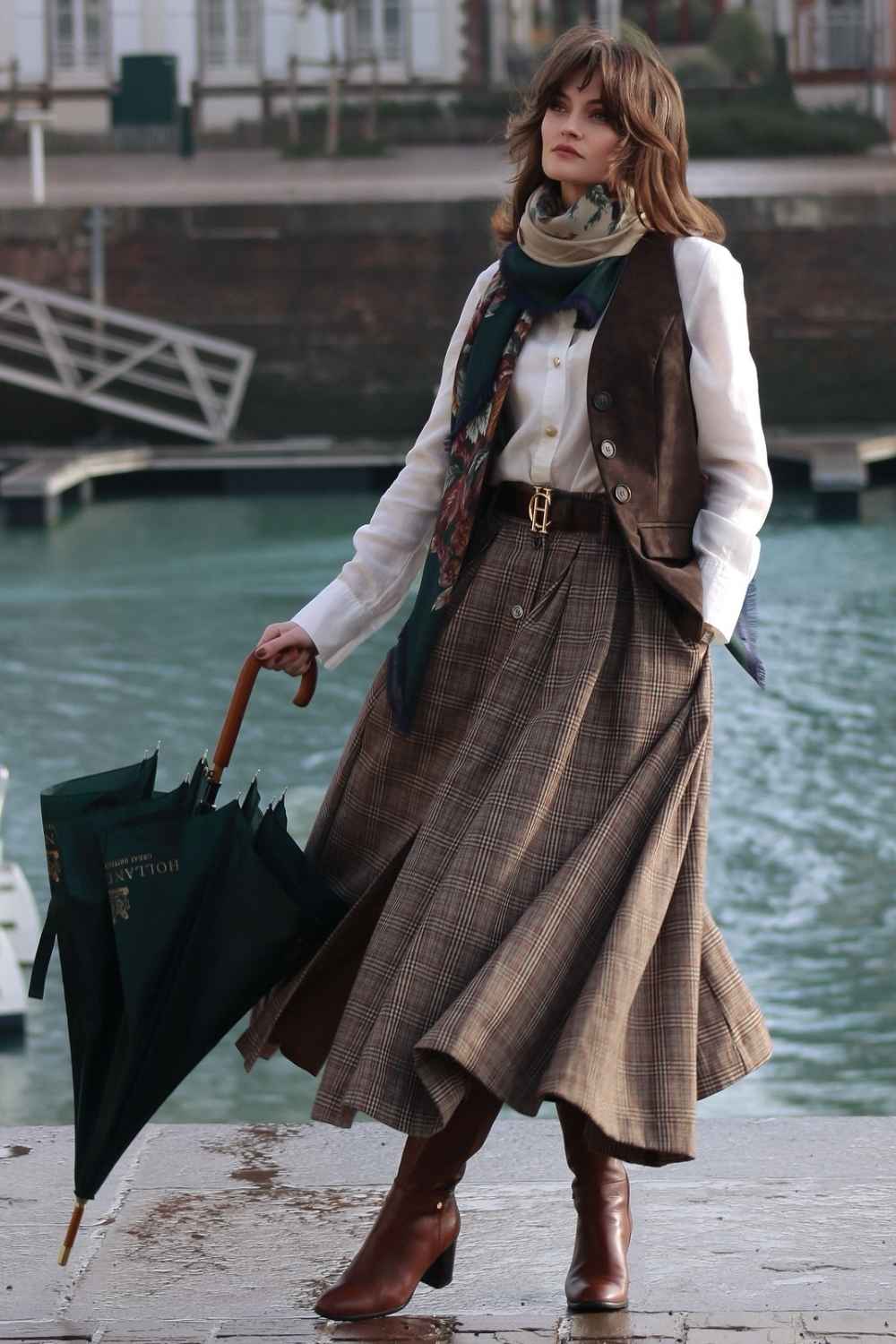 brown plaid skirt with suede vest