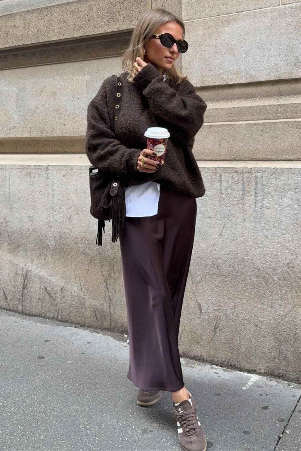 brown satin midi skirt with fuzzy sweater
