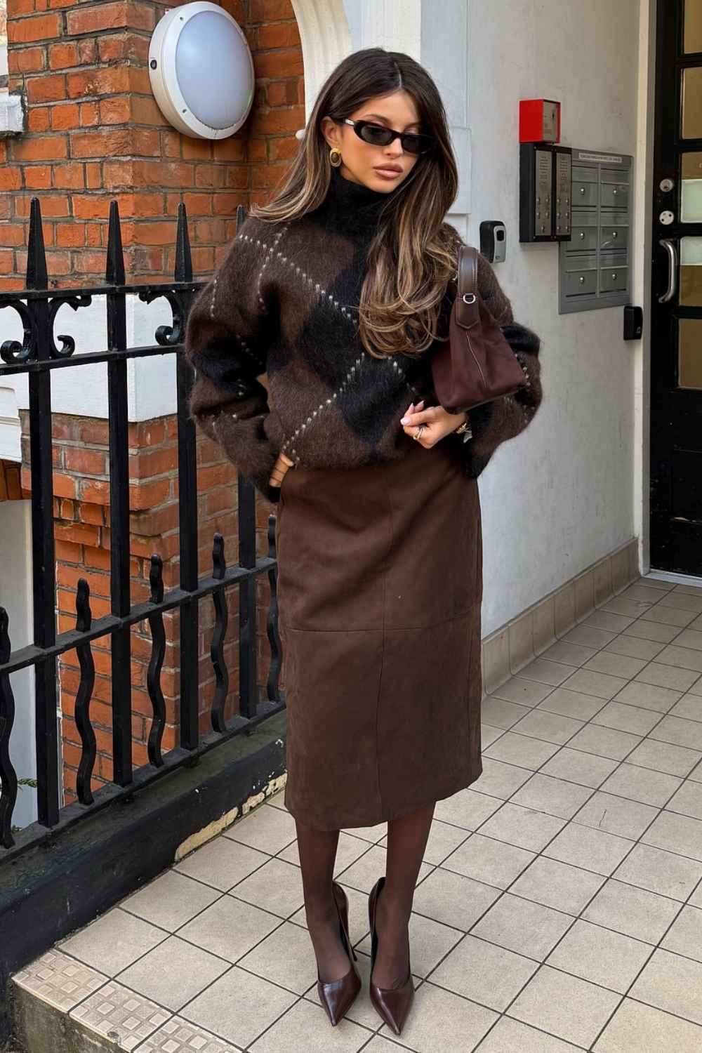 brown suede midi skirt with argyle sweater