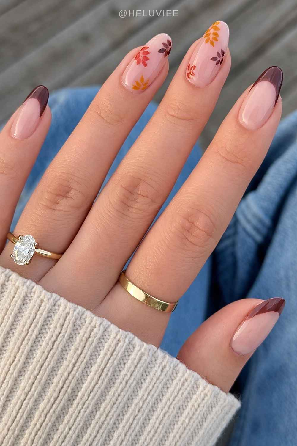 Brown French mani with fall leaf accents