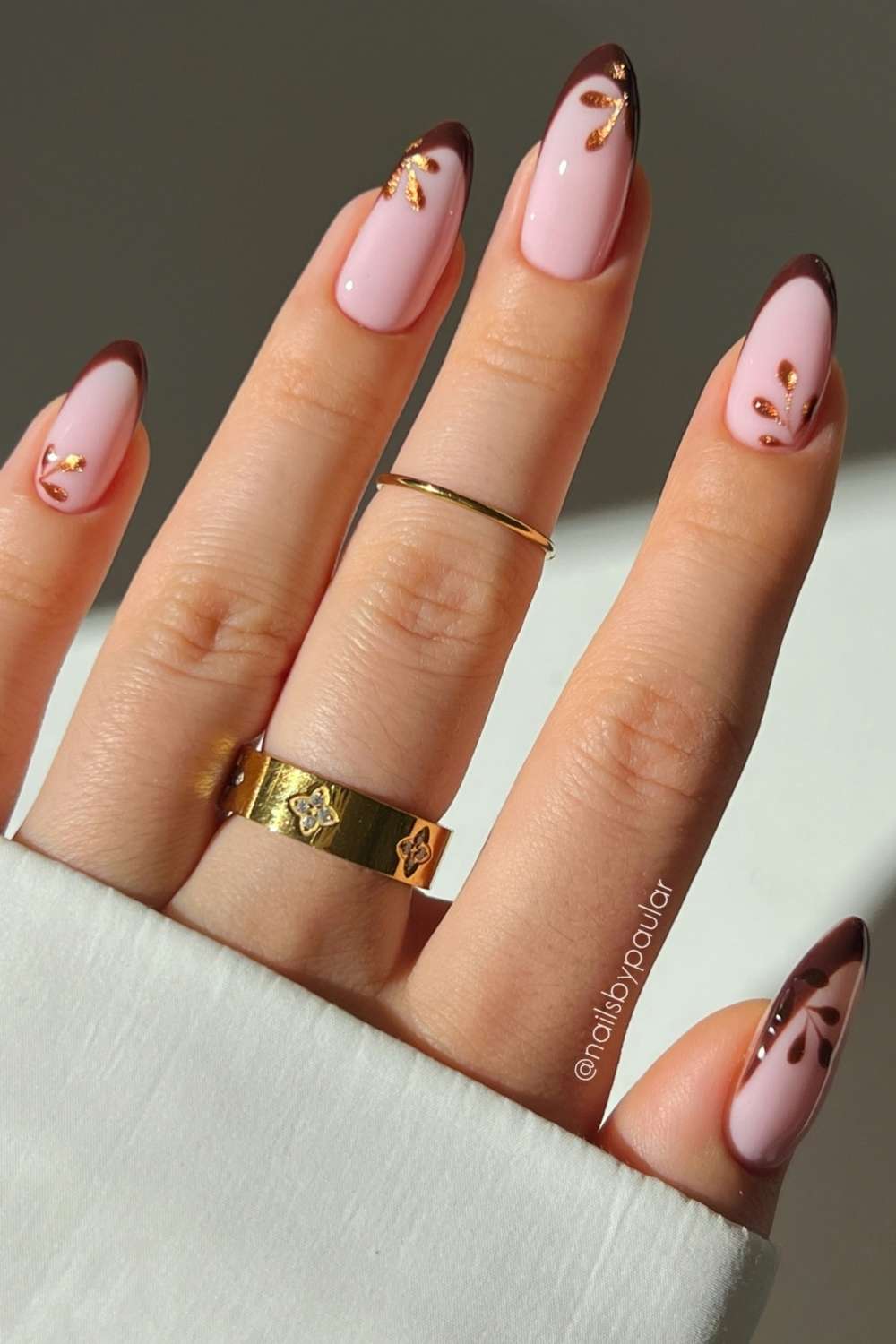 Brown French mani with gold leaf art