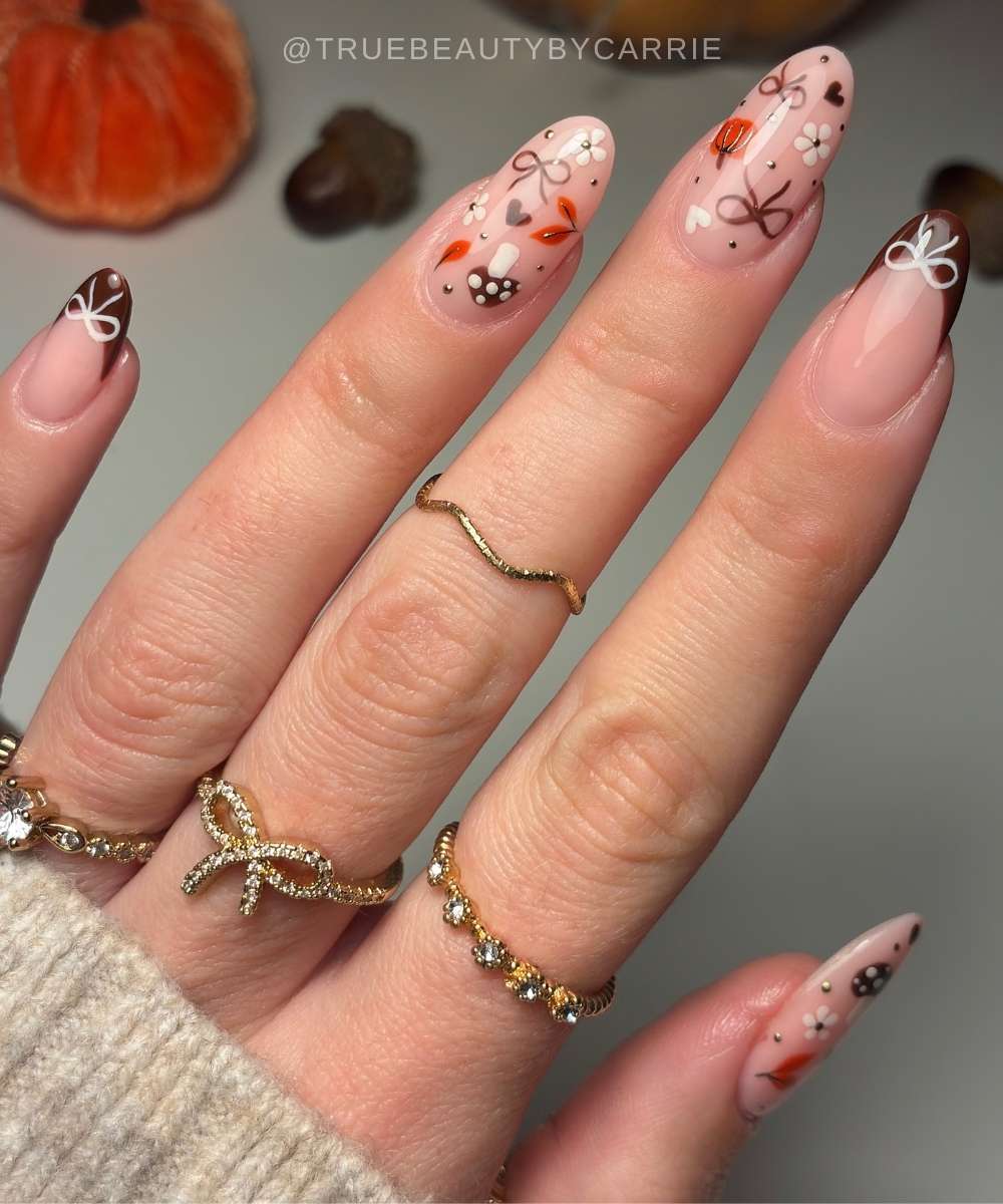 Brown French mani with thematic autumn art