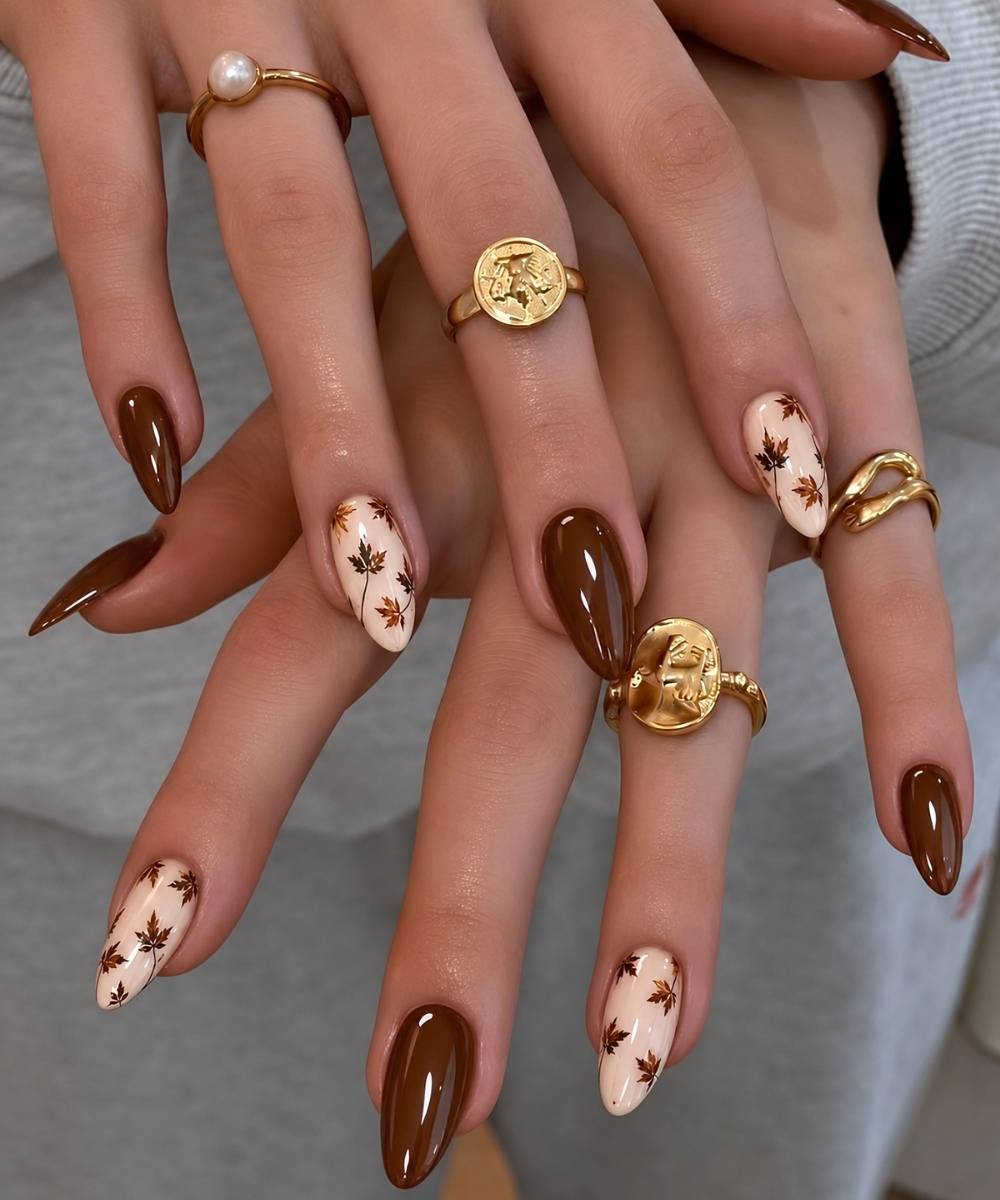 Brown and white nails with fall maple leaves