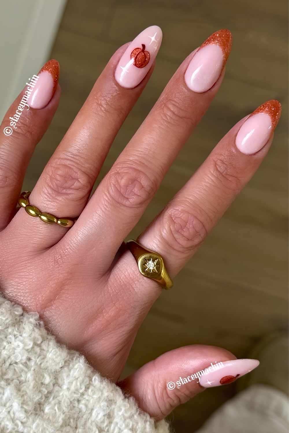 Burnt orange glitter French nails with pumpkins