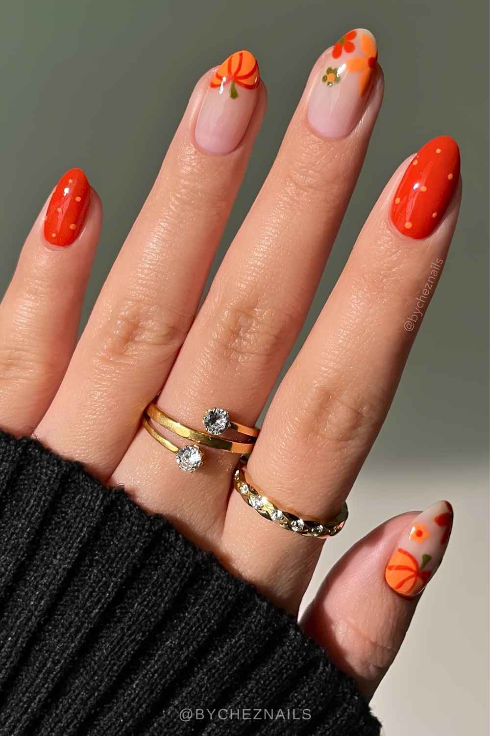 Burnt orange mani with pumpkins and florals
