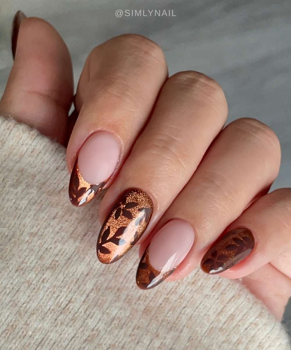 Copper cat eye mani with leaf art
