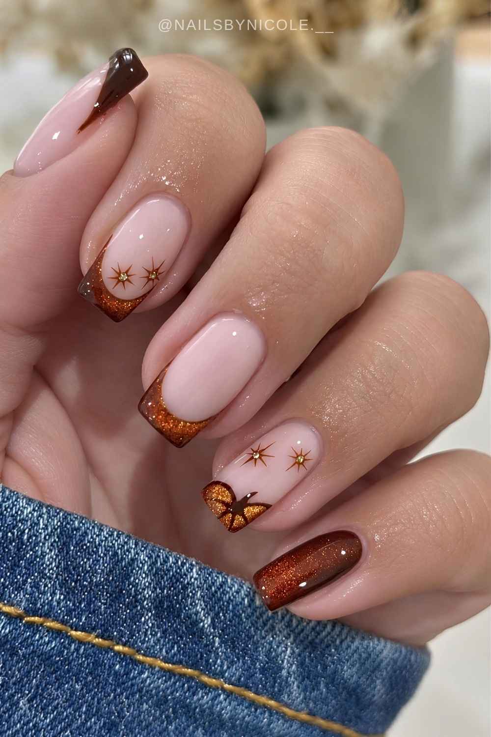 Copper cat eye nails with stars and pumpkins