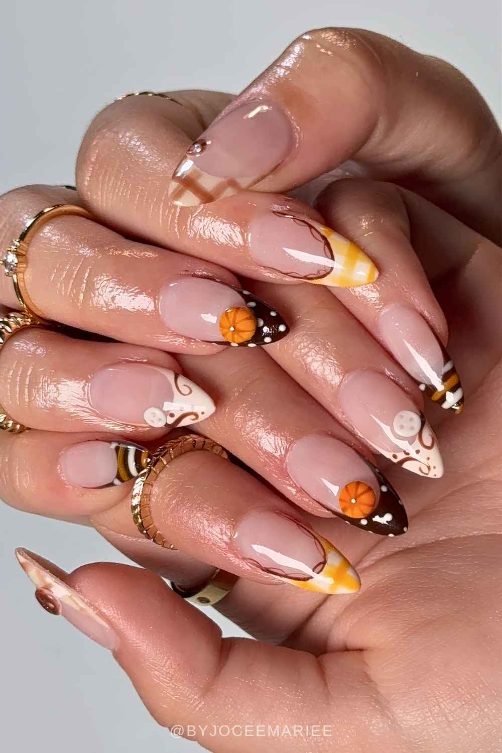 Earthy French mani with pumkin and mixed pattern art