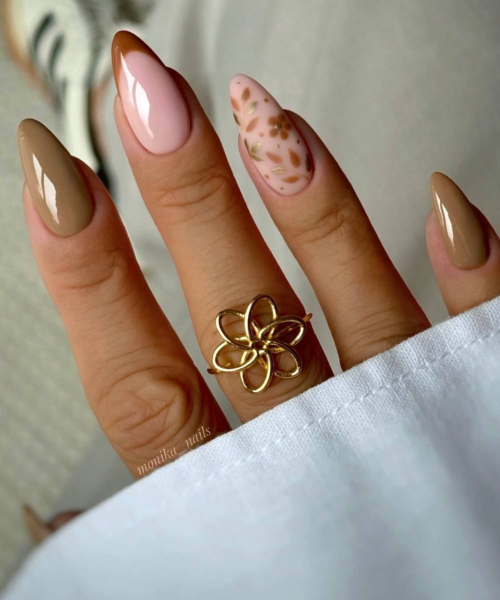Fall leaf nail art in two shades of brown