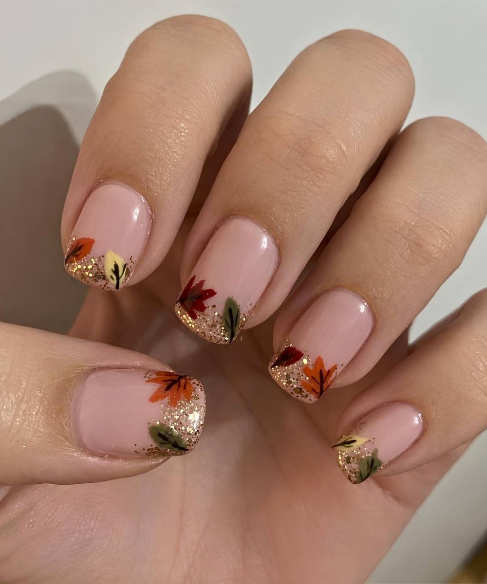 Gold glitter ombre nails with autumn leaf art