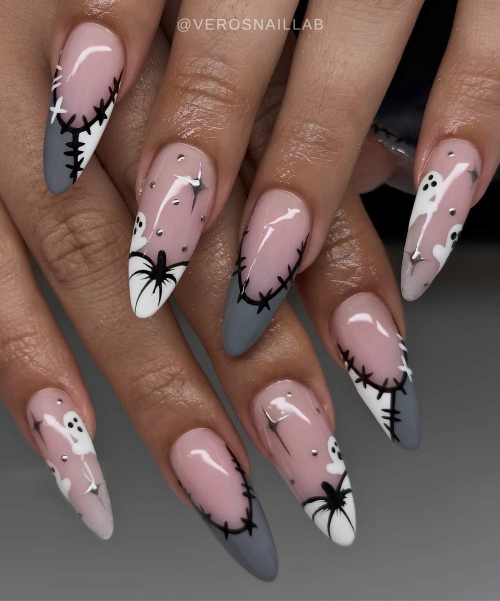 Gray and white Halloween french nails