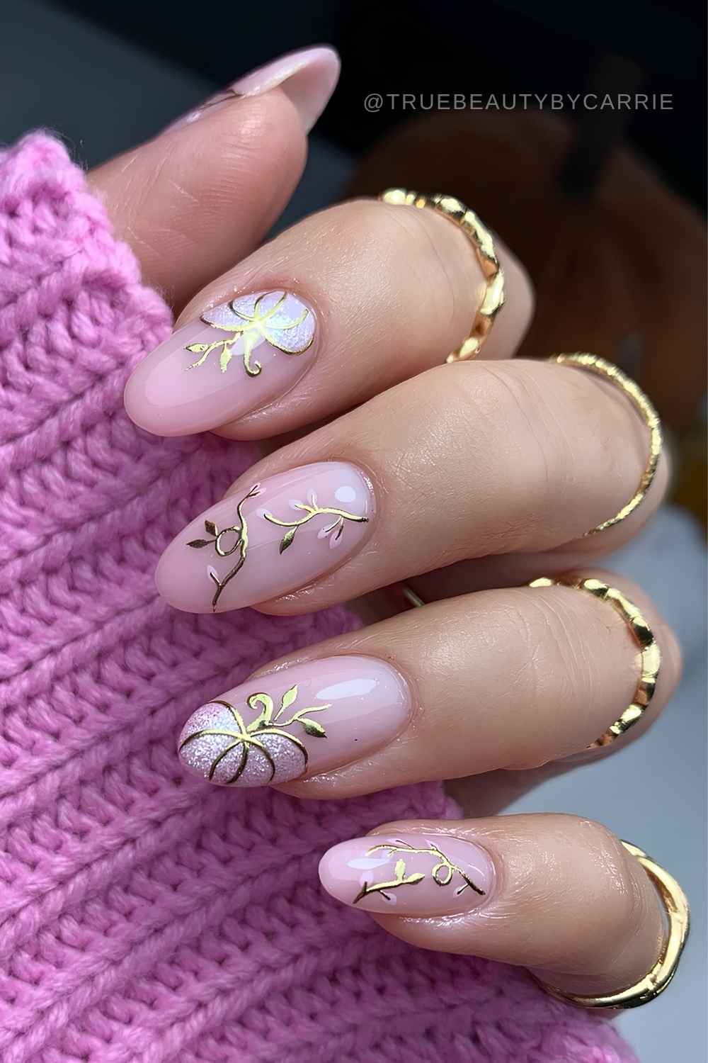 Milky pink mani with pumpkin art
