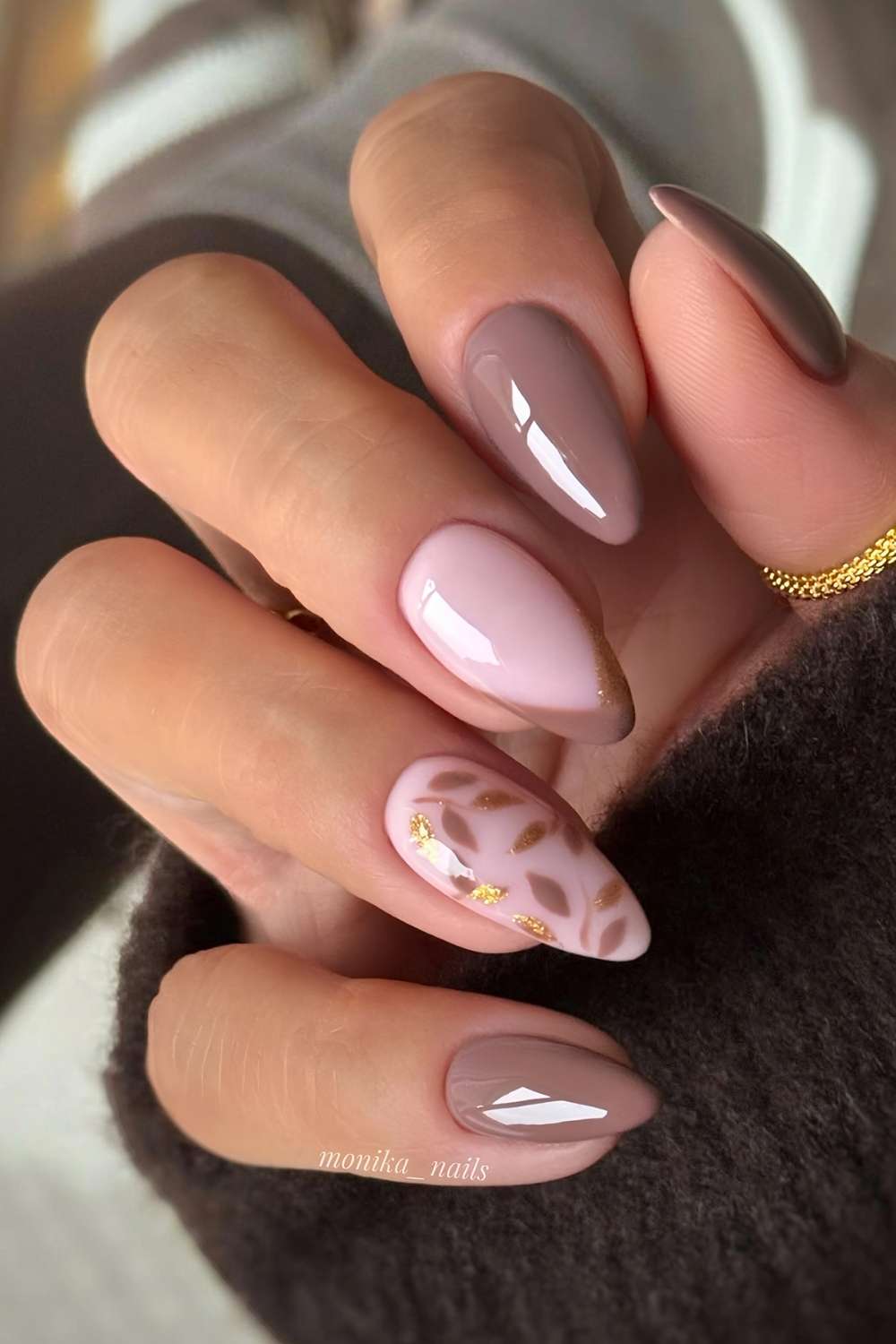 Mocha brown nails with fall leaves art