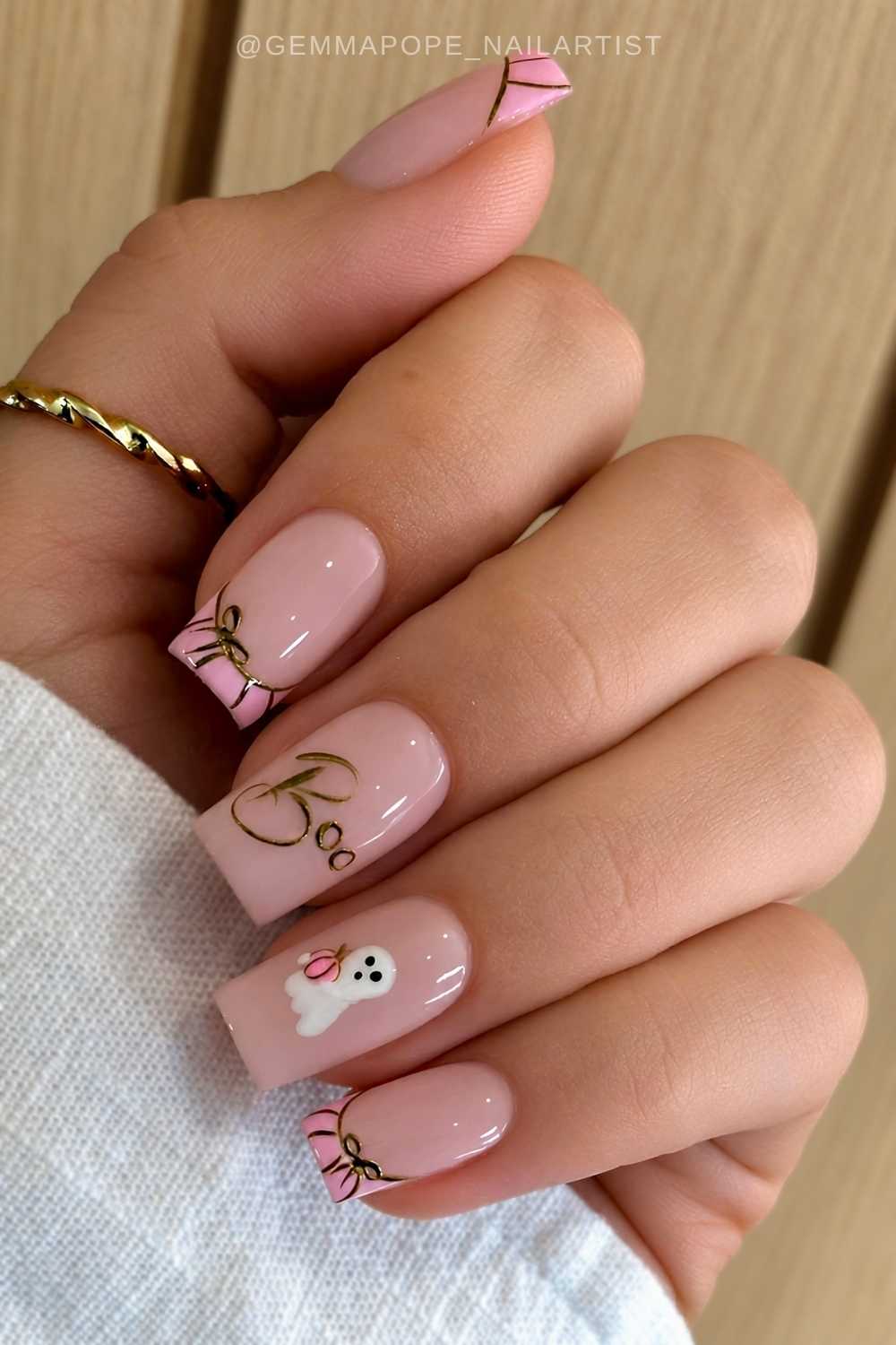 Pink Halloween French mani with pumpkins