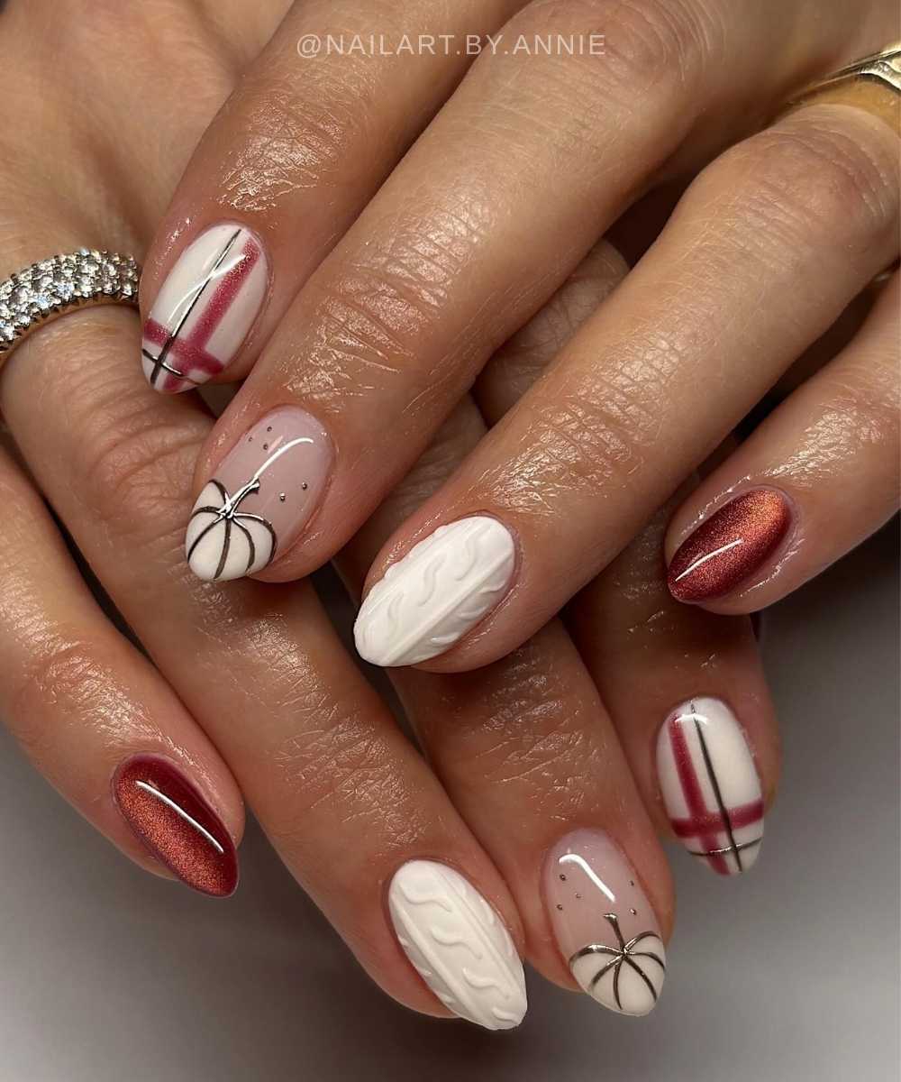 Terracotta and white nails with plaid and pumpkins
