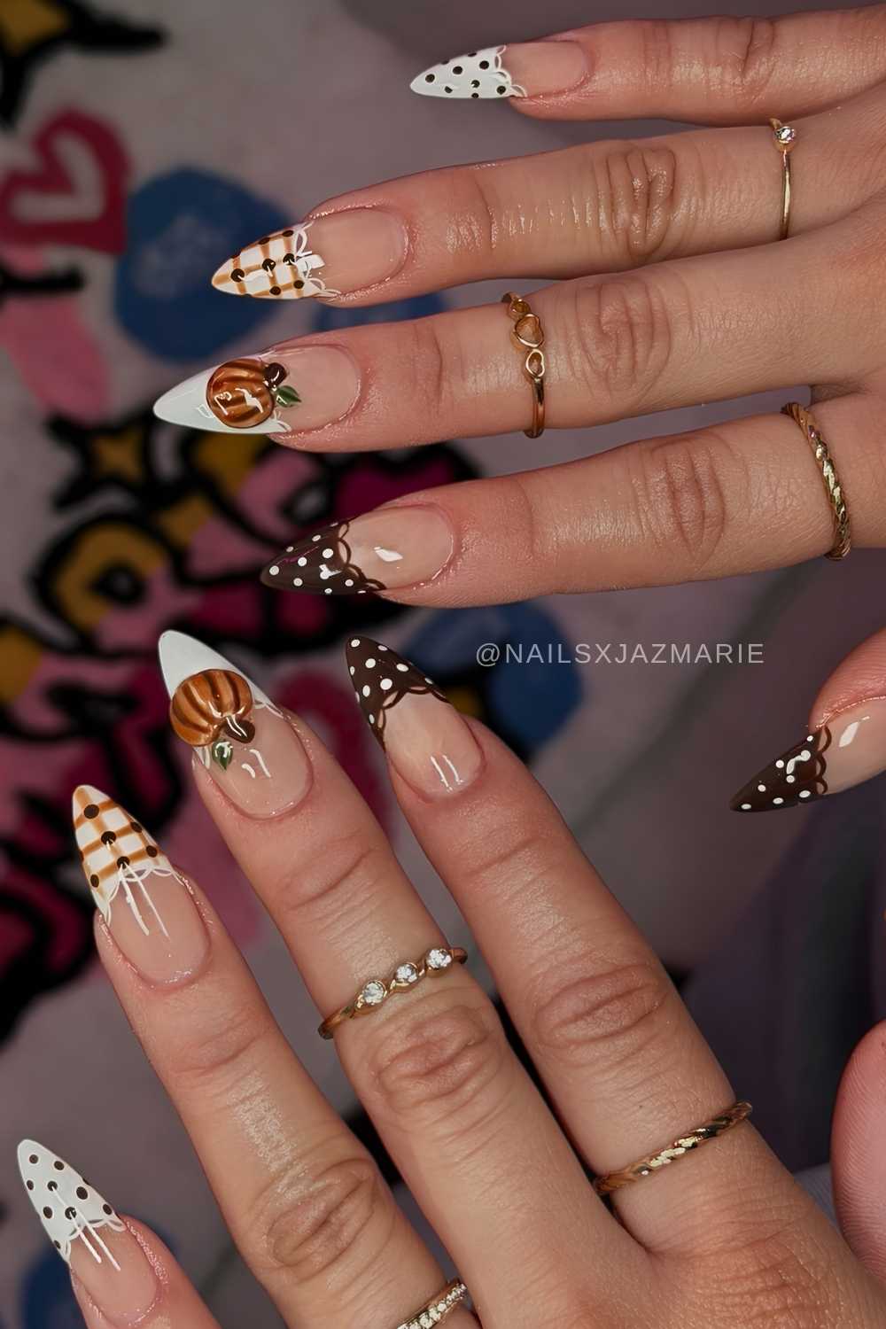 White French nails with plaid and 3d pumpkins